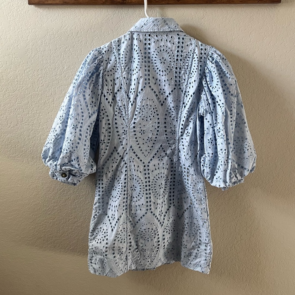 Ganni Women’s Blue Balloon-Sleeve Broderie Anglaise Mini Shirt Dress 100% Cotton - Picture 12 of 16